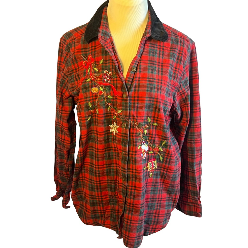Victoria Jones Plaid Embroidered Christmas Top Red Velvet Collar Petite Large
